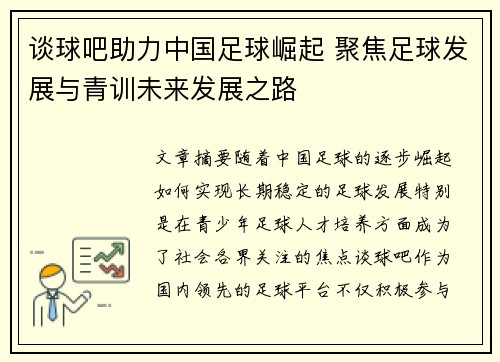 谈球吧助力中国足球崛起 聚焦足球发展与青训未来发展之路